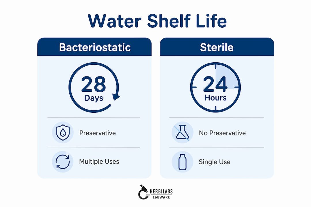 A clear glass vial of bacteriostatic water stored inside a clean home refrigerator.