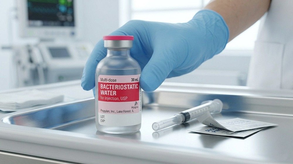 A glass vial of bacteriostatic water stored safely on a clean white countertop.